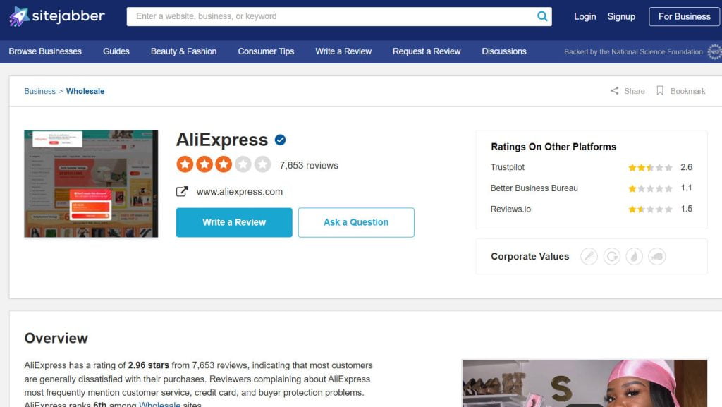 sitejabber avis pour aliexpress