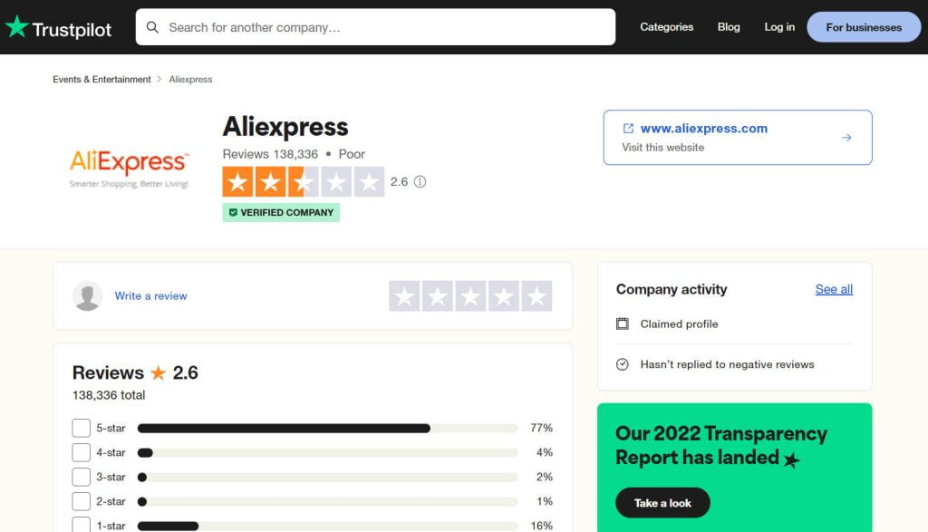 trustpilot avis pour aliexpress