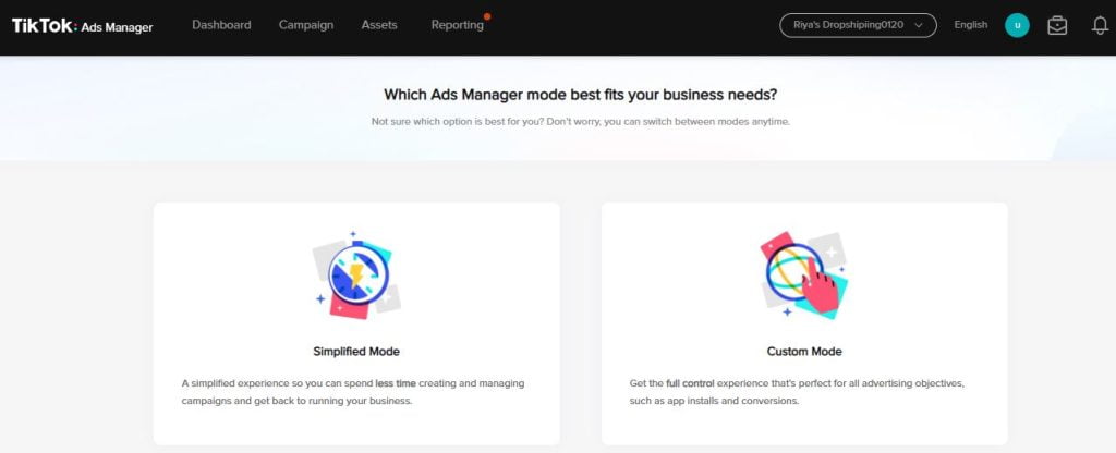 selezionare la modalità pubblicitaria TIKTOK