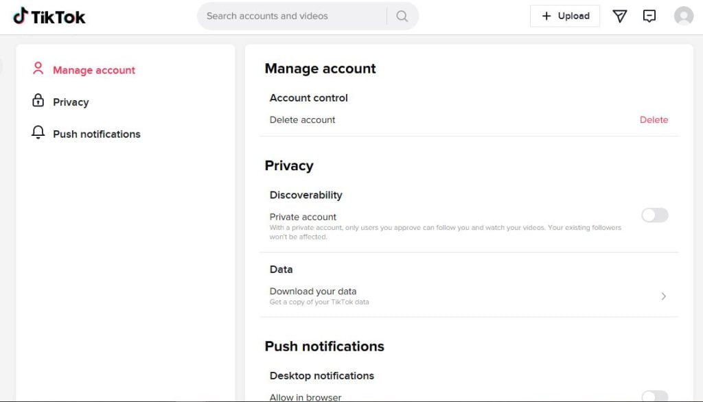 gestire l'account tiktok