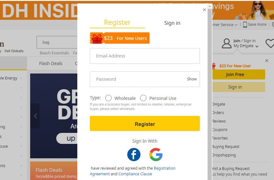registro en dhgate