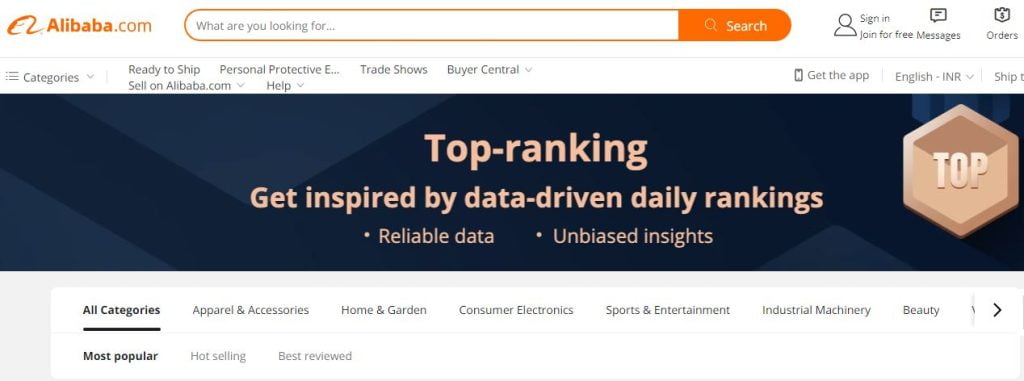 Pagina top ranking di Alibaba