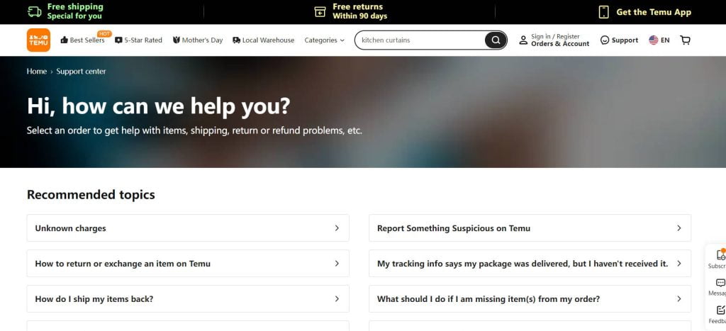 Служба поддержки клиентов Temu