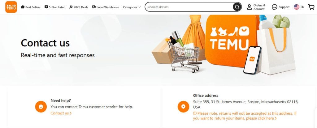 página de contato temu